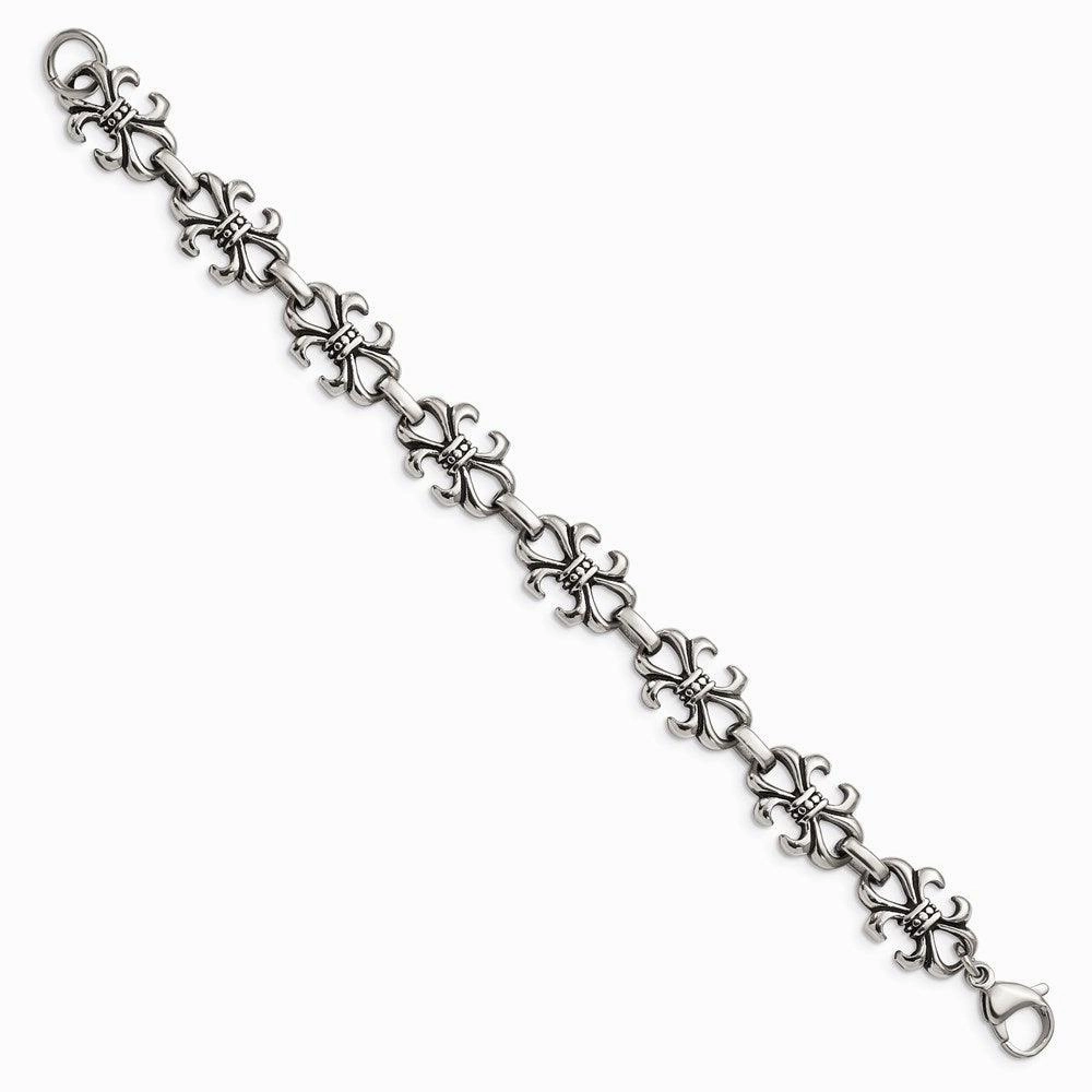 Stainless Steel Polished and Antiqued Fleur de Lis Bracelet