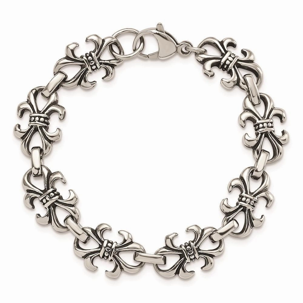 Stainless Steel Polished and Antiqued Fleur de Lis Bracelet