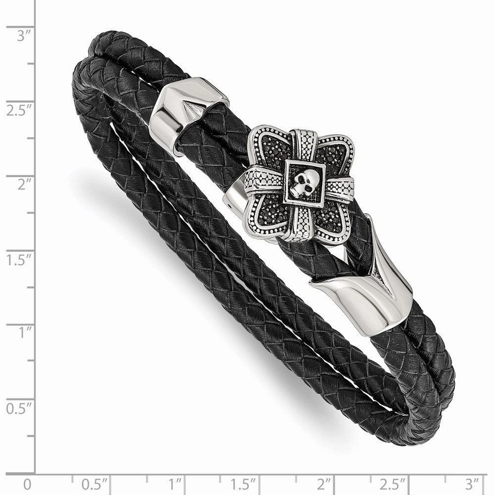 Stainless Steel Polished and Antiqued Leather Bracelet