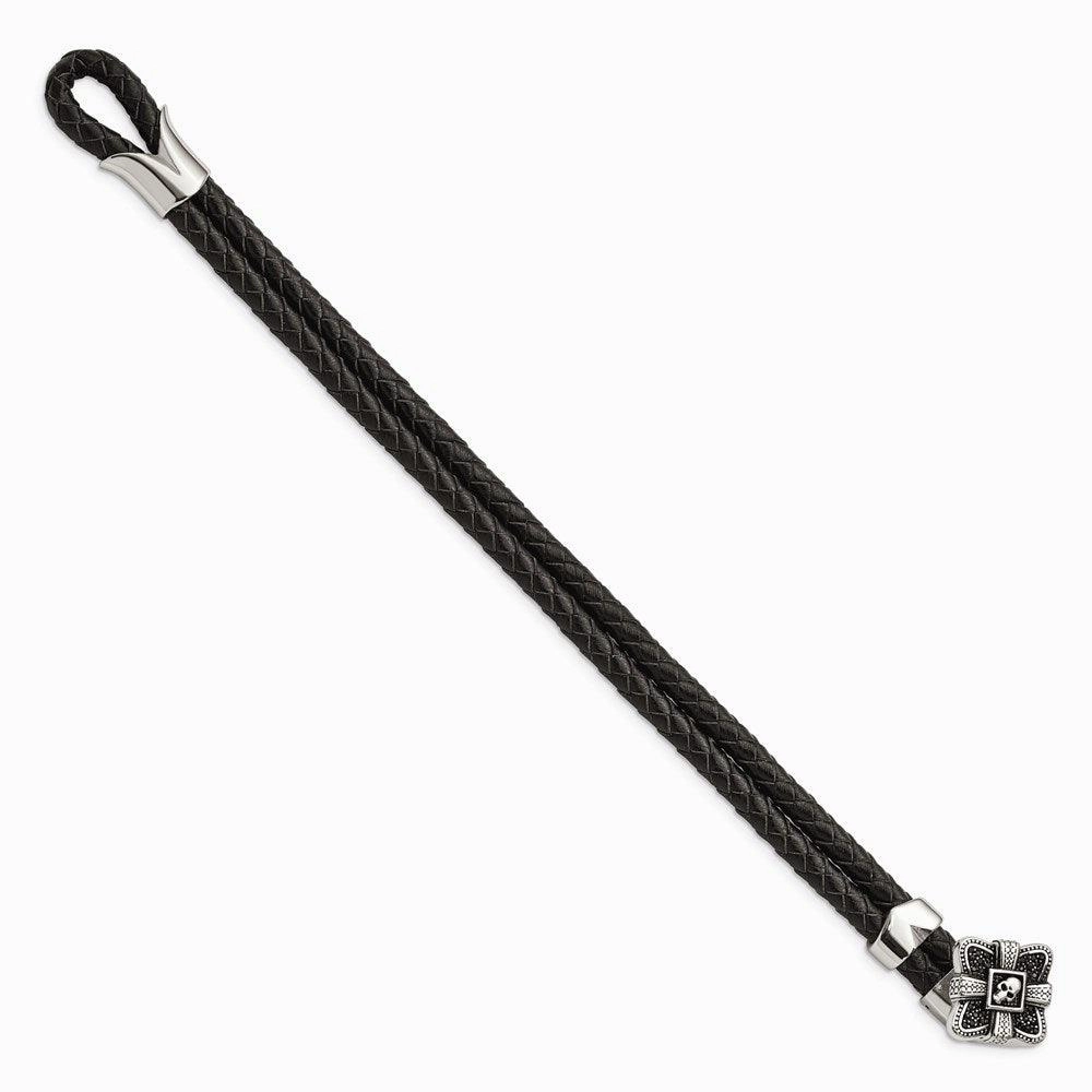 Stainless Steel Polished and Antiqued Leather Bracelet