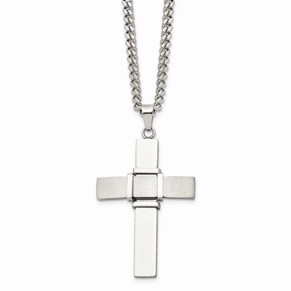 Stainless Steel Polished and Brushed Cross Necklace