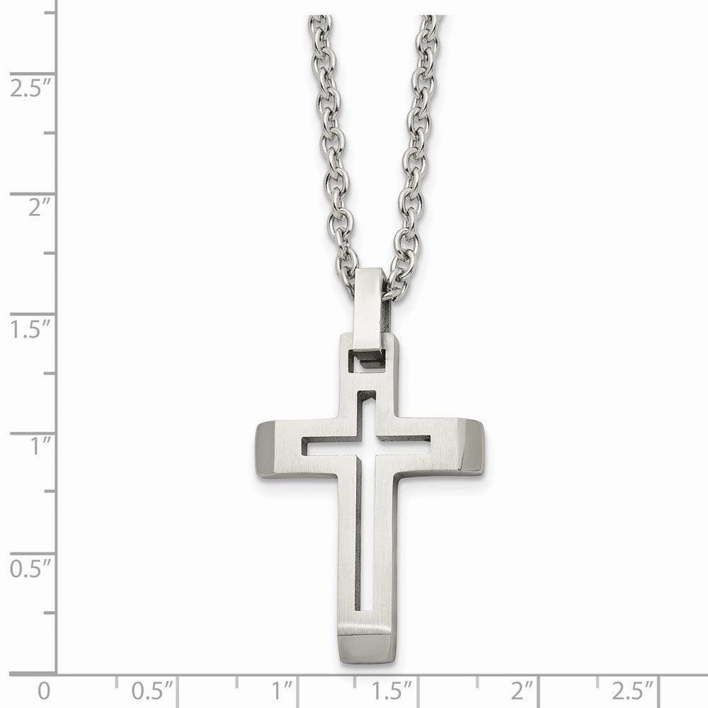 Stainless Steel Polished and Brushed Cut-out Cross Necklace