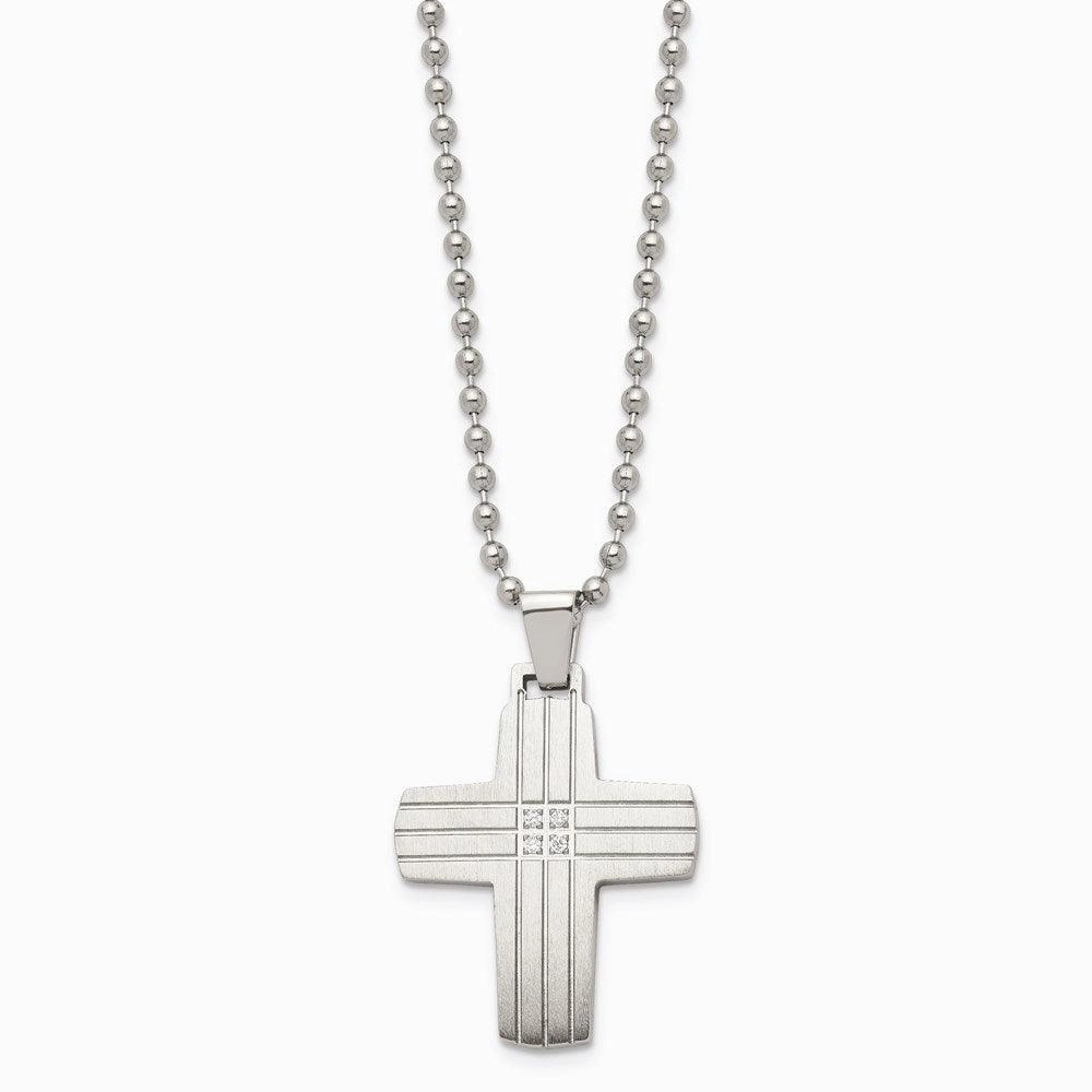 Stainless Steel Polished and Brushed CZ Cross Necklace