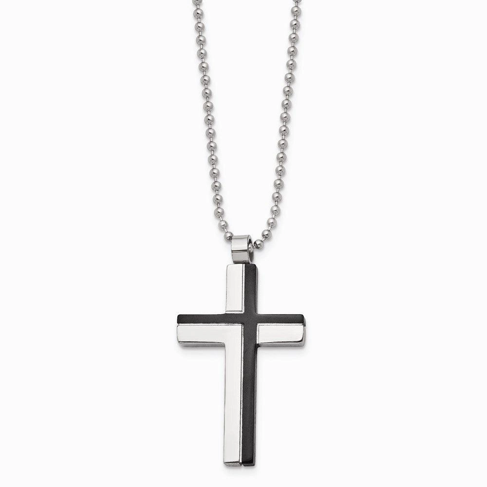 Stainless Steel Polished and Laser Cut Black IP Cross Necklace