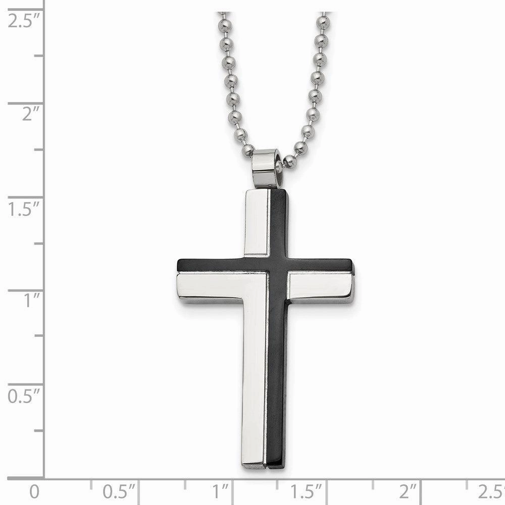 Stainless Steel Polished and Laser Cut Black IP Cross Necklace