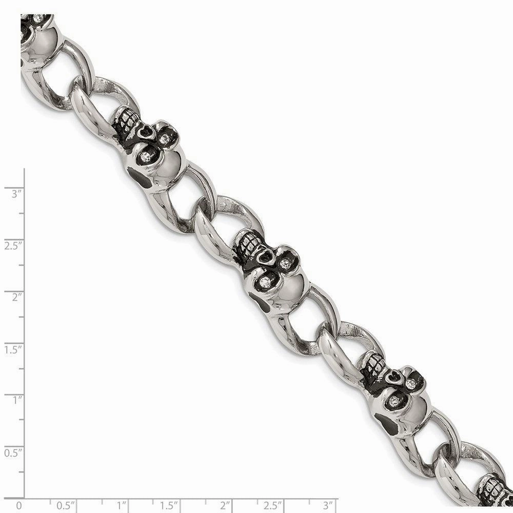 Stainless Steel Polished and Oxidized w/ CZ Skulls 9in. Bracelet