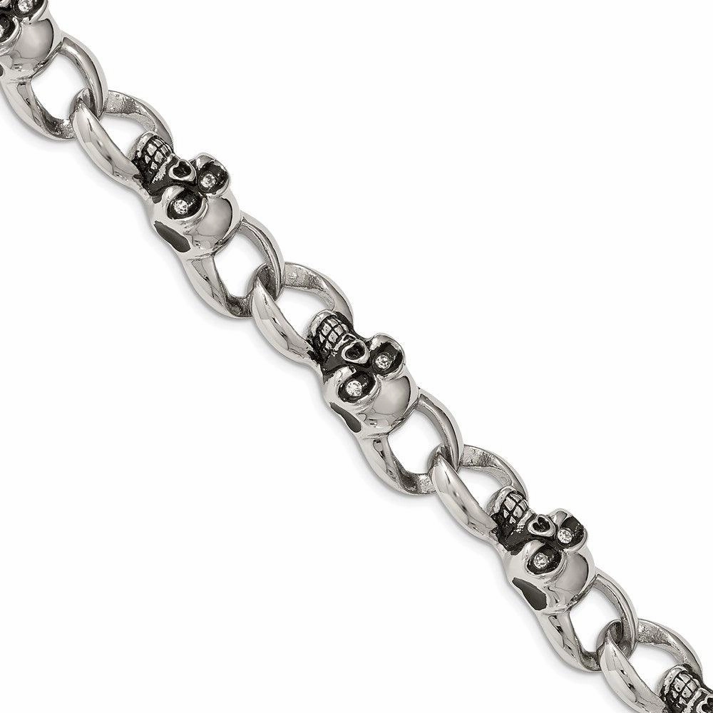 Stainless Steel Polished and Oxidized w/ CZ Skulls 9in. Bracelet