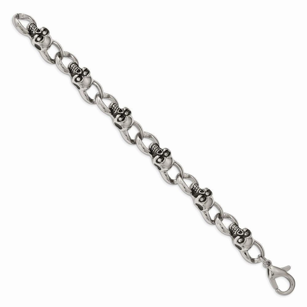 Stainless Steel Polished and Oxidized w/ CZ Skulls 9in. Bracelet