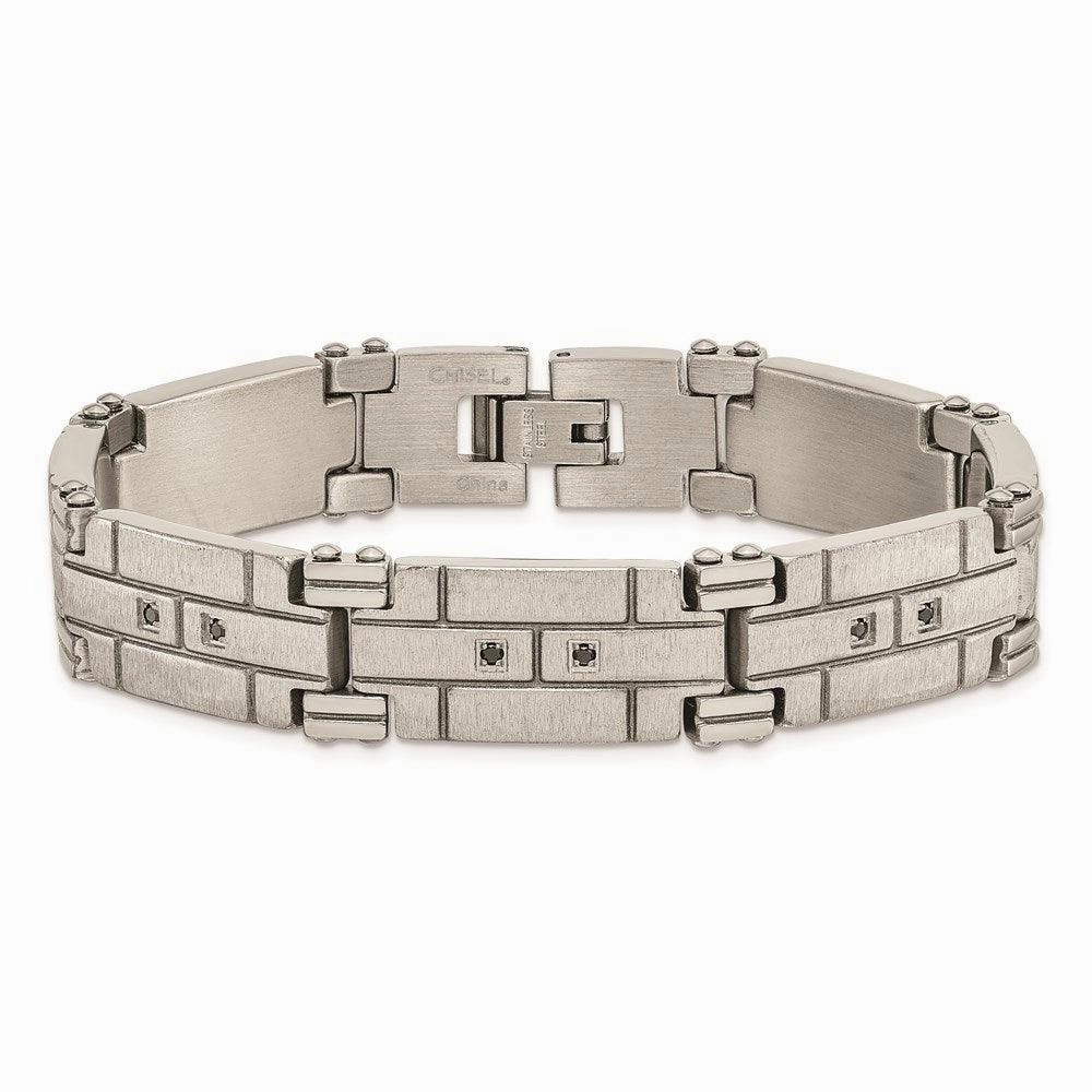Stainless Steel Polished and Satin w/Black CZ Bracelet