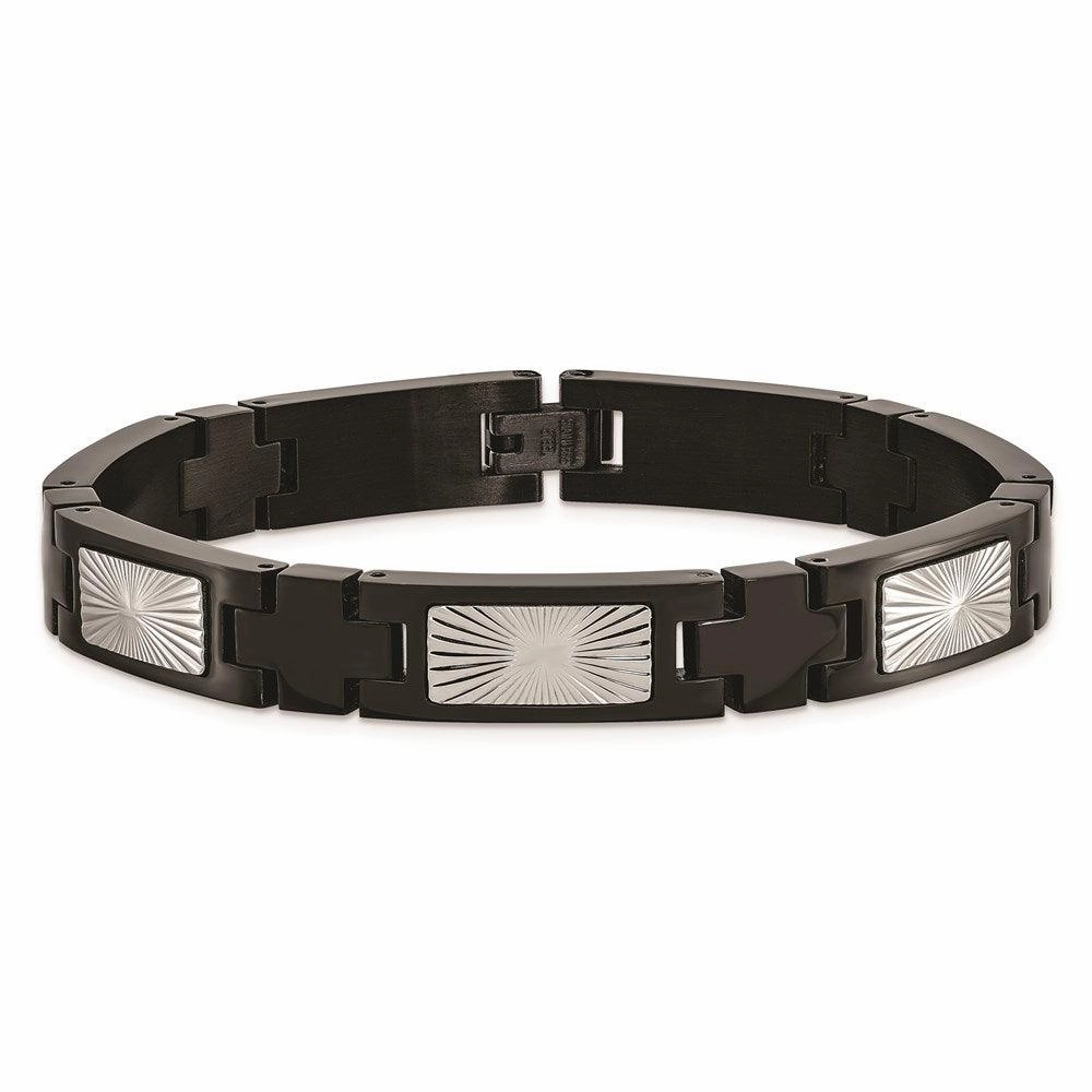 Stainless Steel Polished and Textured Black IP-plated 8.5in Link Bracelet