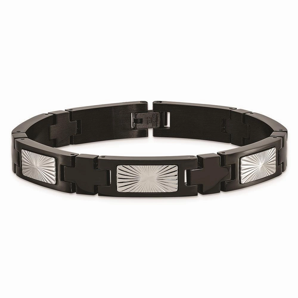 Stainless Steel Polished and Textured Black IP-plated 8.5in Link Bracelet
