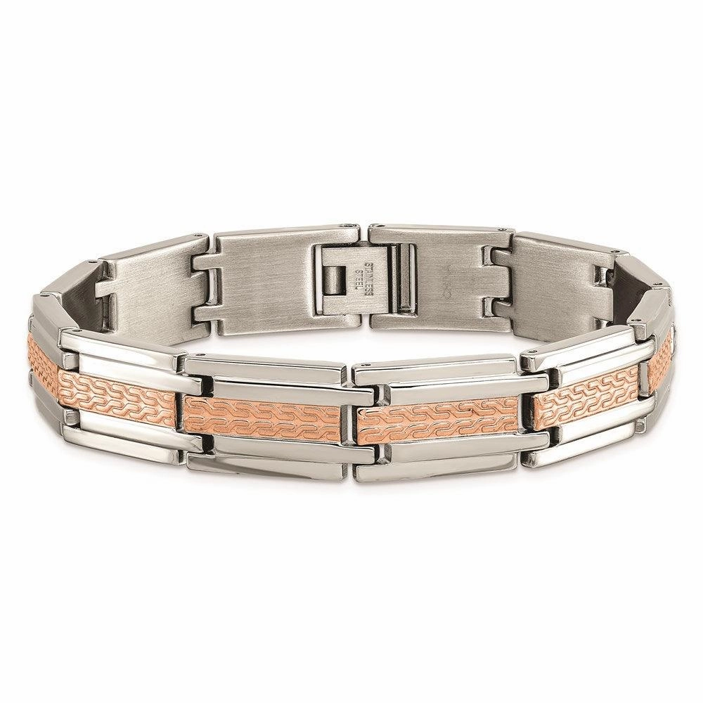 Stainless Steel Polished and Textured Rose Gold-plated 8.5 inch Bracelet