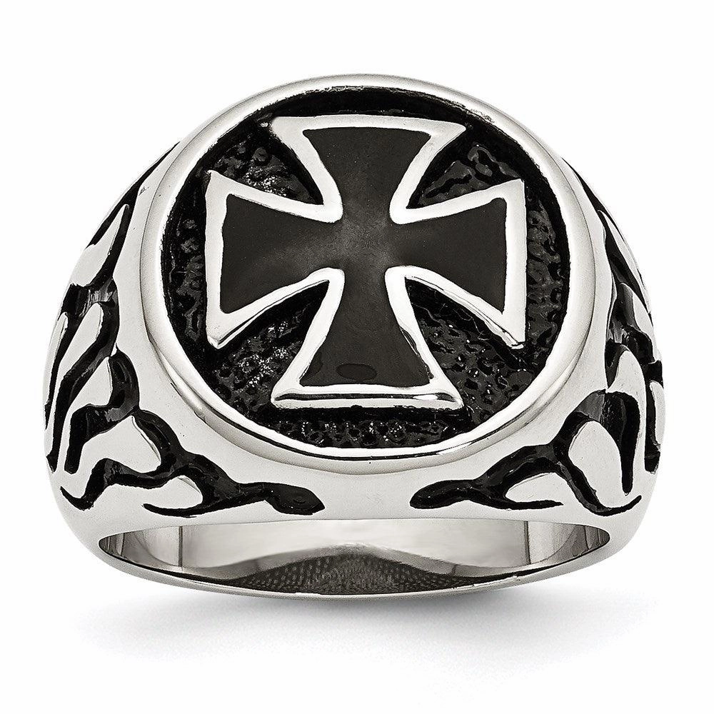 Stainless Steel Polished/Antiqued and Black IP-plated Ring