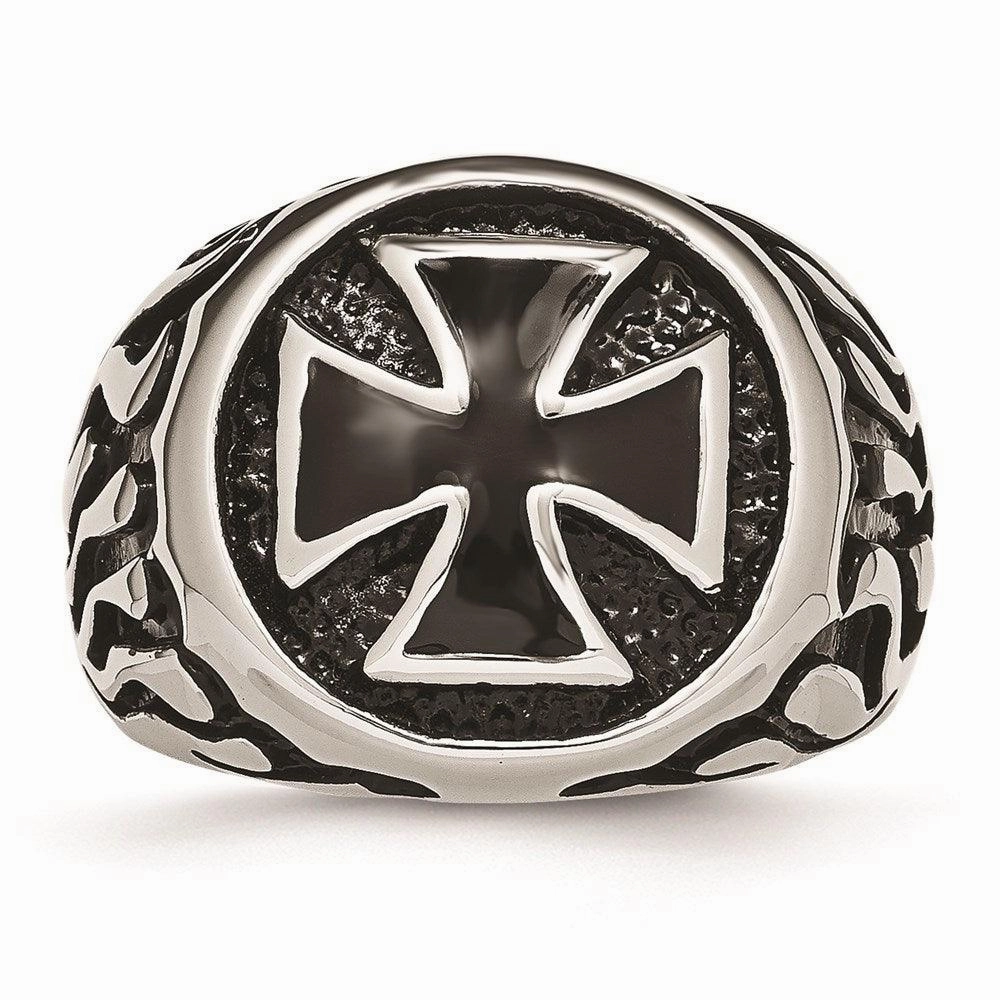 Stainless Steel Polished/Antiqued and Black IP-plated Ring