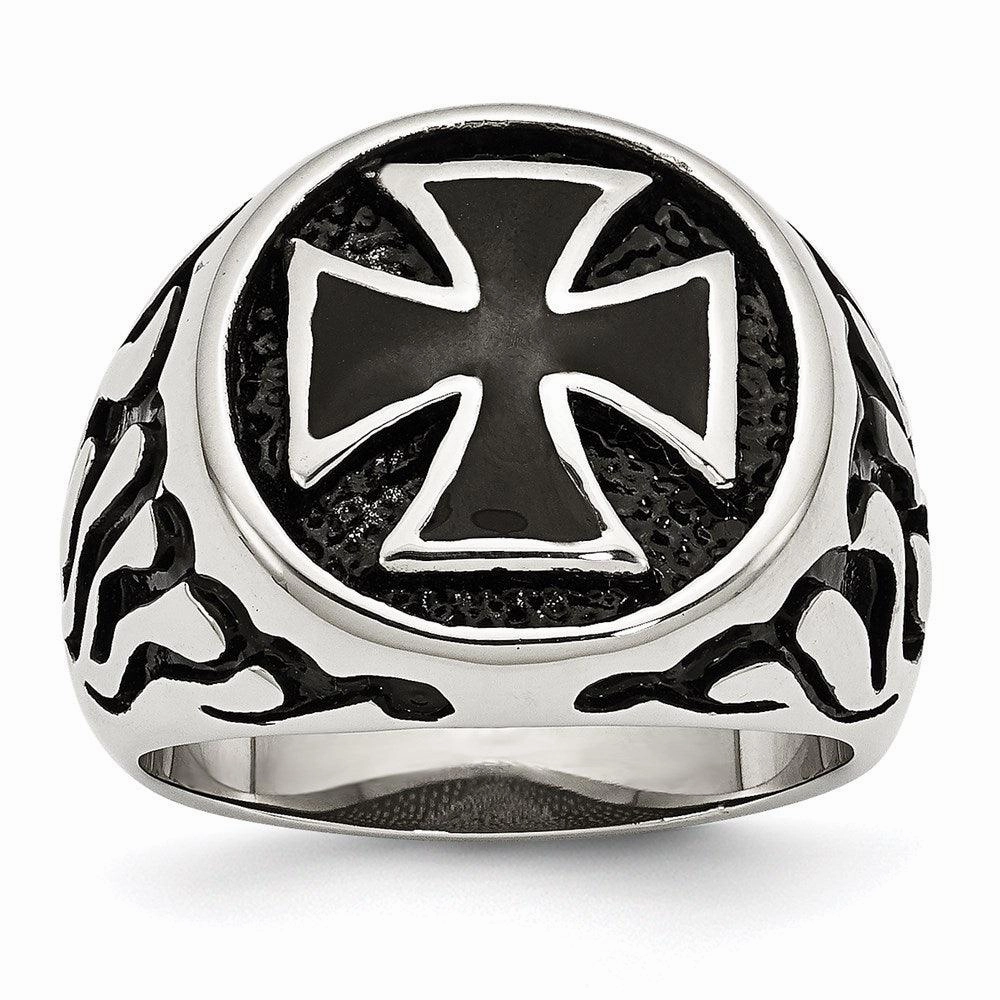 Stainless Steel Polished/Antiqued and Black IP-plated Ring