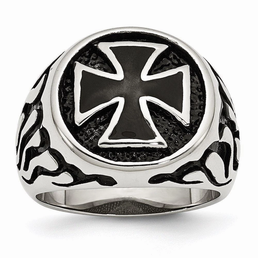 Stainless Steel Polished/Antiqued and Black IP-plated Ring