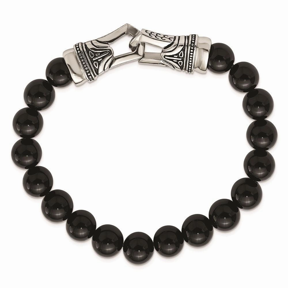 Stainless Steel Polished Antiqued Black Agate Stretch Bracelet