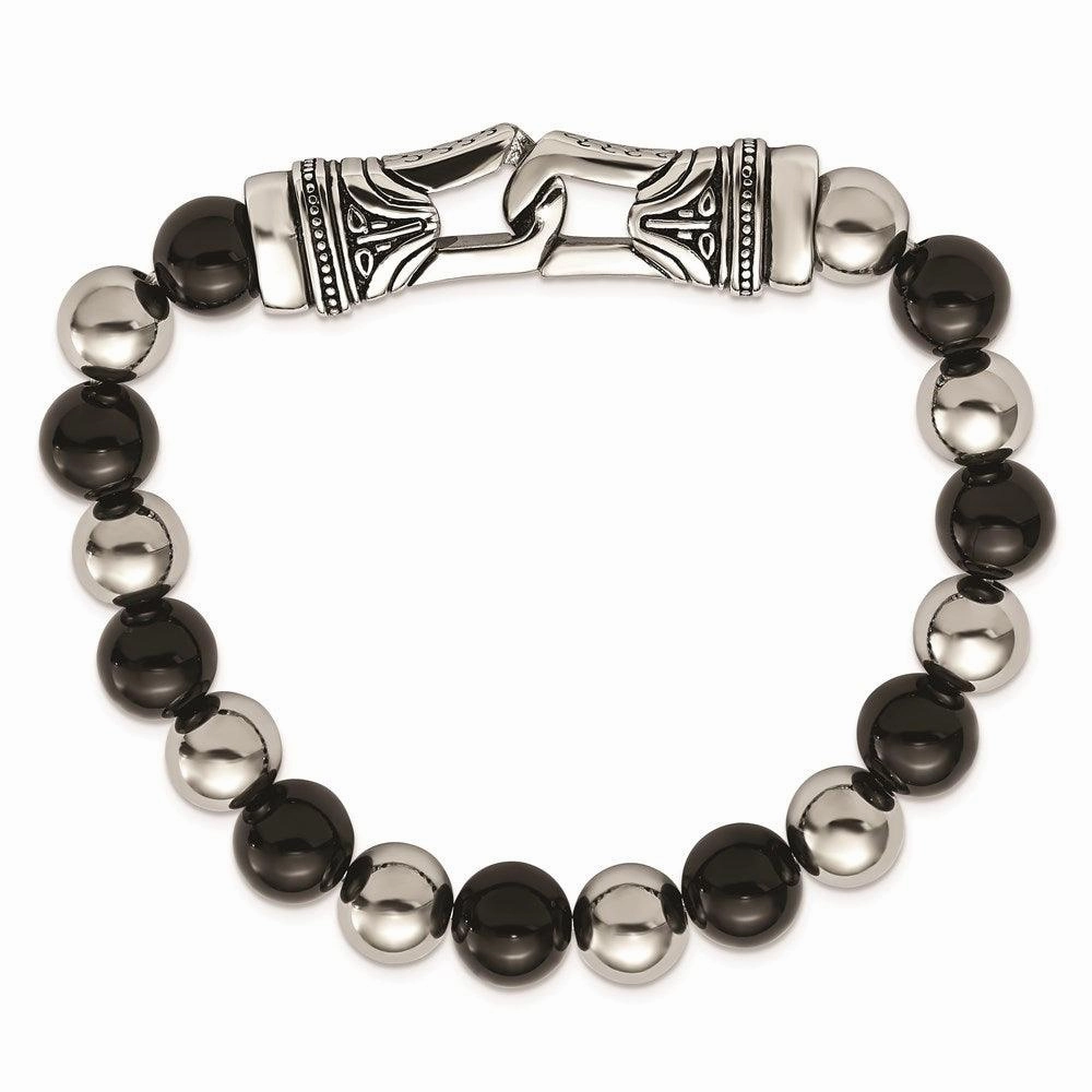 Stainless Steel Polished Antiqued Black Agate Stretch Bracelet