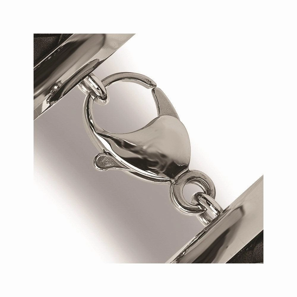 Stainless Steel Polished Antiqued Blk Leather Spider Bracelet
