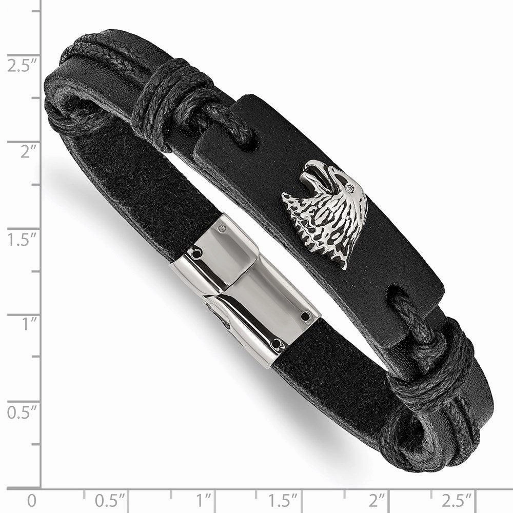 Stainless Steel Polished Antiqued Eagle Head Black Leather Bracelet