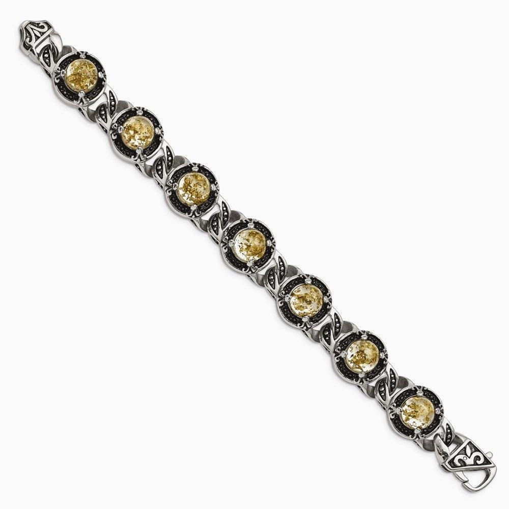 Stainless Steel Polished Antiqued Epoxy Resin w/Gold Tin Bracelet