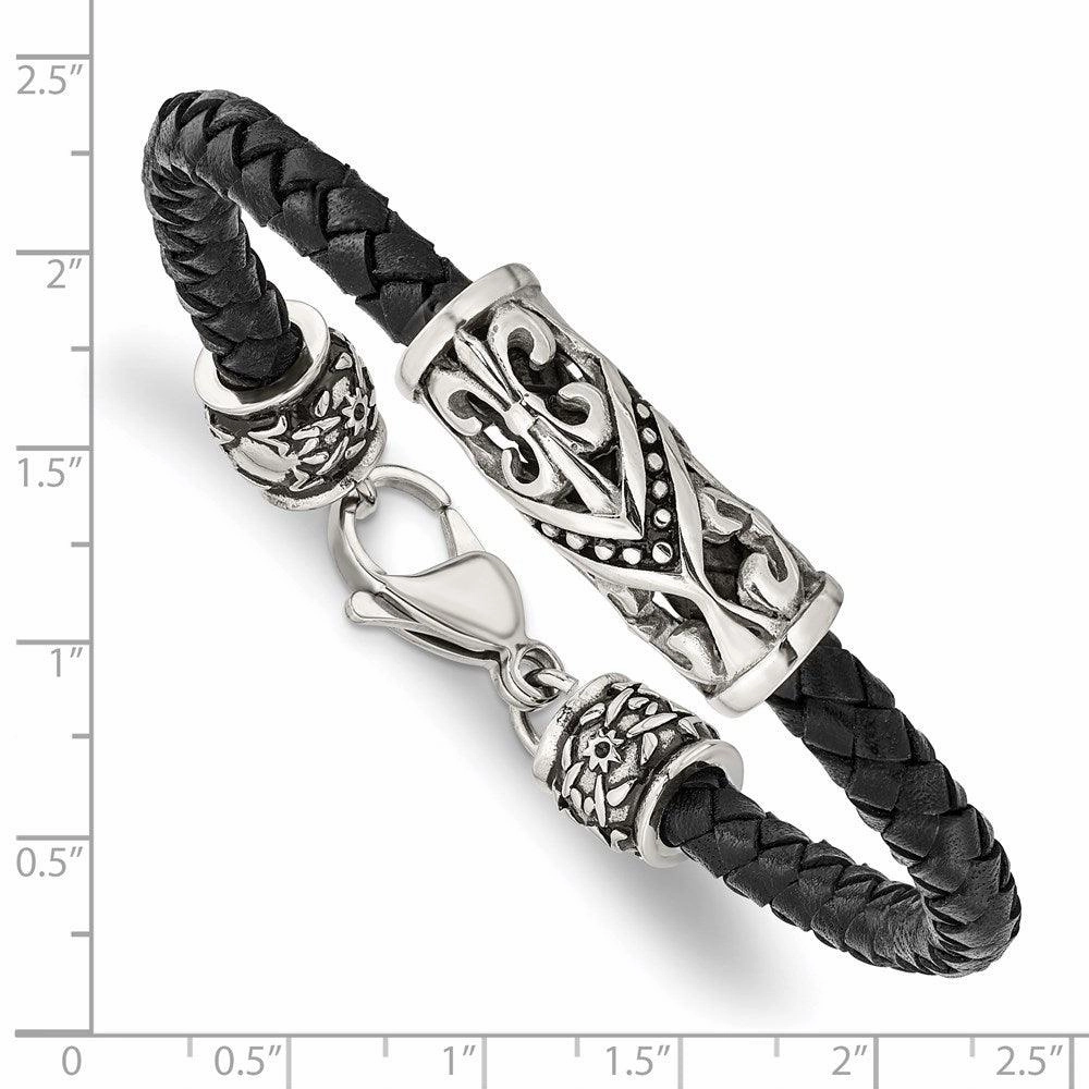 Stainless Steel Polished Antiqued Fleur De Lis Black Leather Bracelet