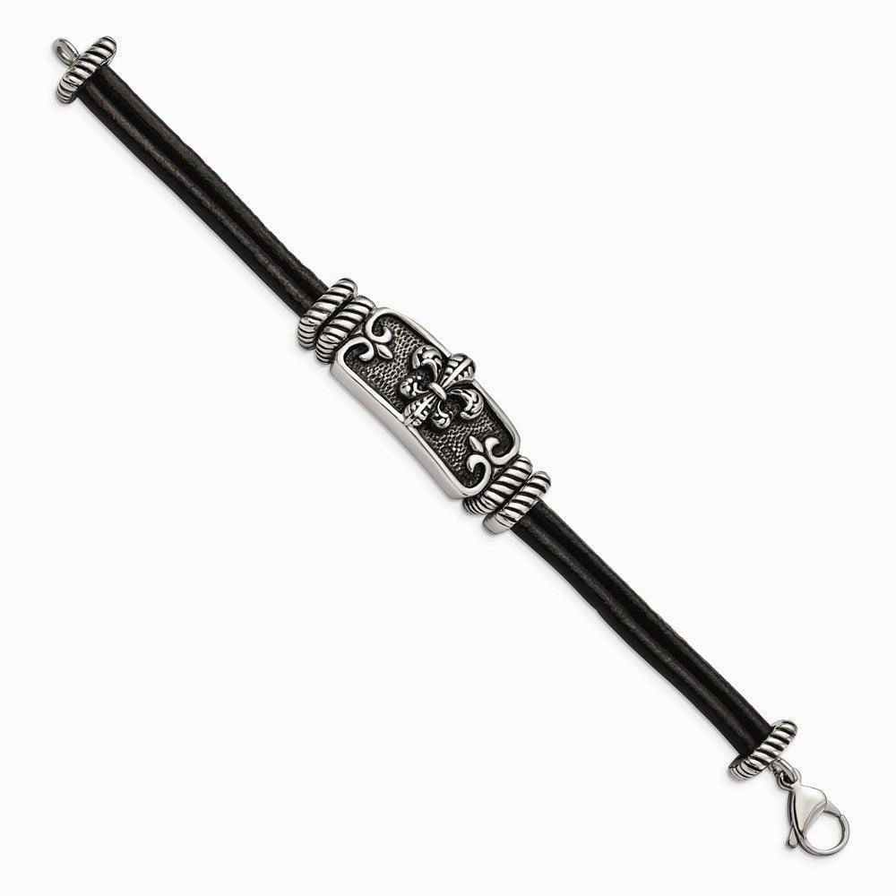 Stainless Steel Polished Antiqued Fleur De Lis Black Leather Bracelet