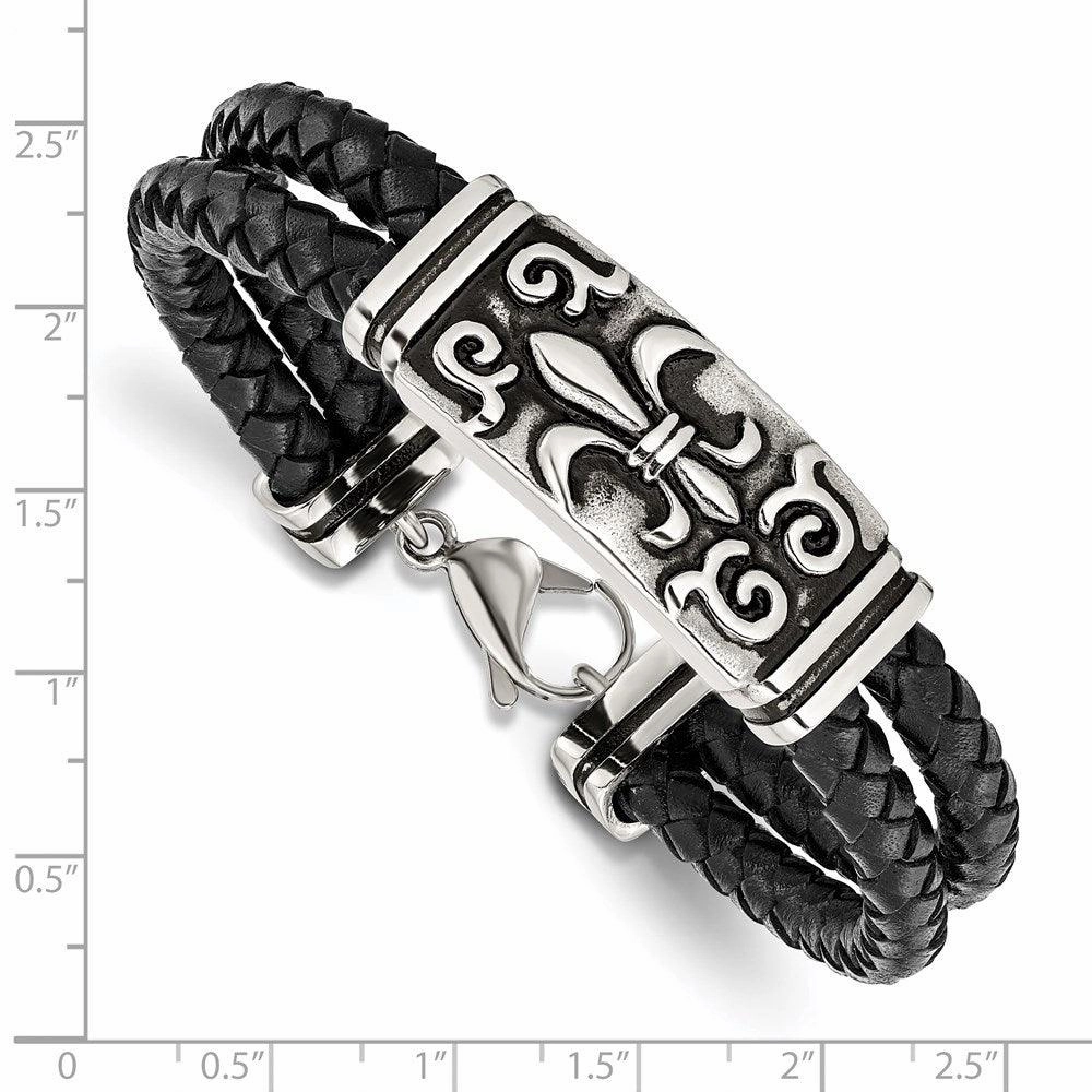 Stainless Steel Polished Antiqued Fleur De Lis Black Leather Bracelet