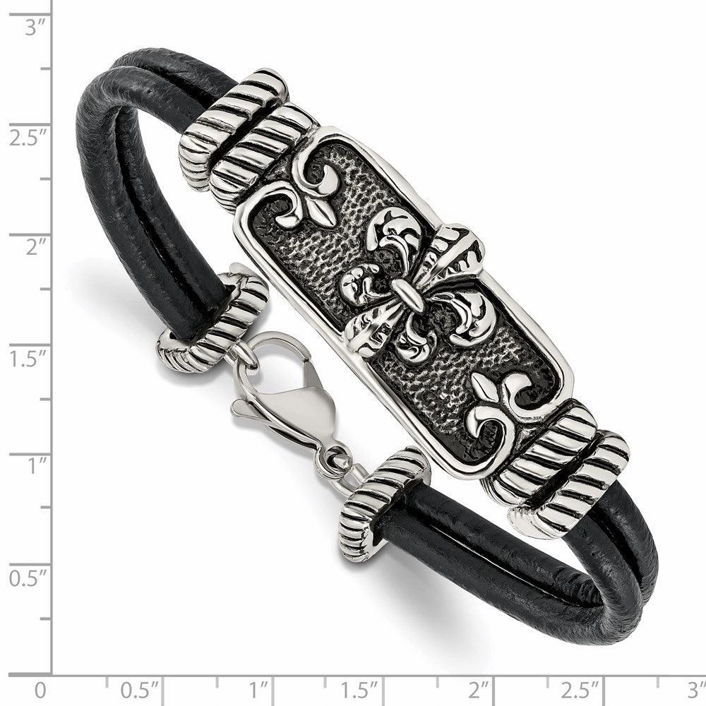Stainless Steel Polished Antiqued Fleur De Lis Black Leather Bracelet