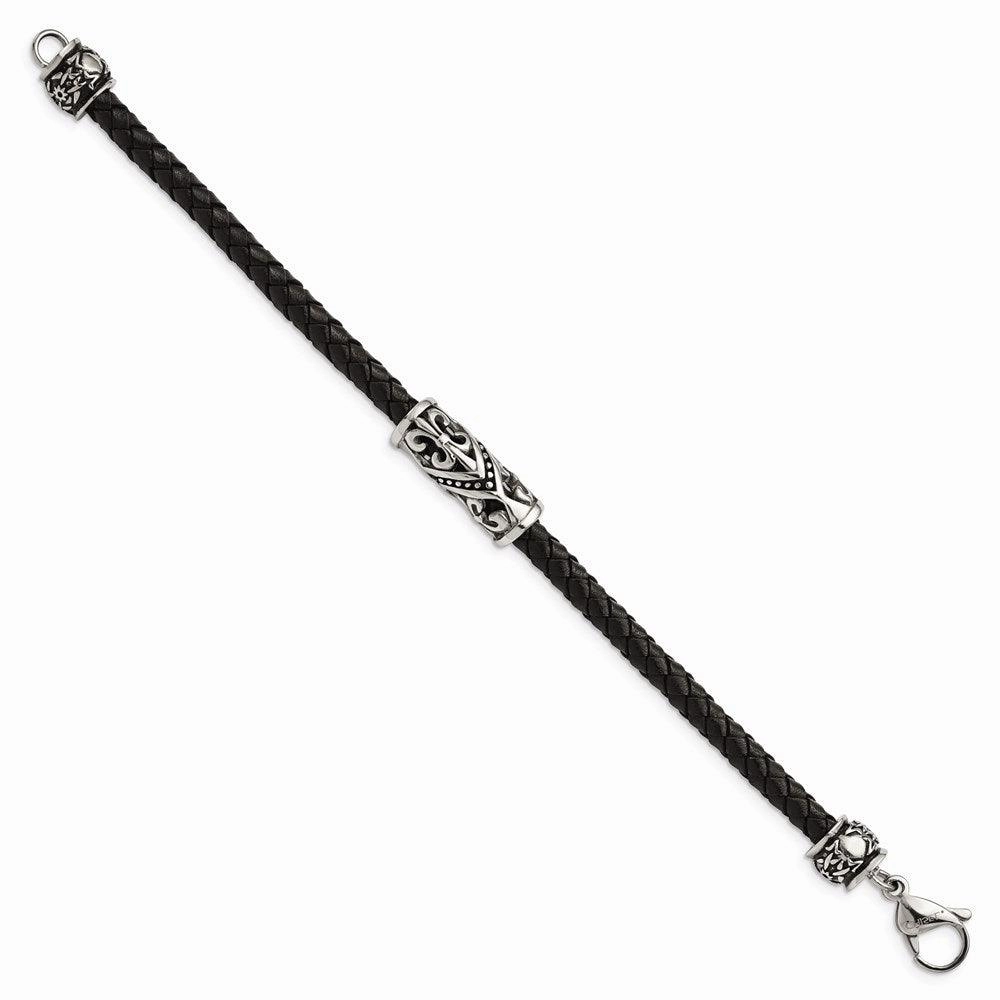 Stainless Steel Polished Antiqued Fleur De Lis Black Leather Bracelet