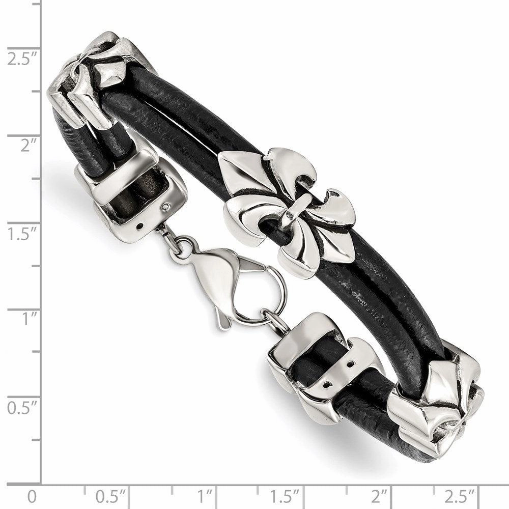 Stainless Steel Polished Antiqued Fleur De Lis Black Leather Bracelet