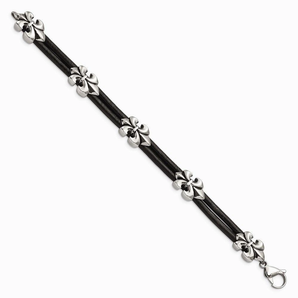 Stainless Steel Polished Antiqued Fleur De Lis Black Leather Bracelet