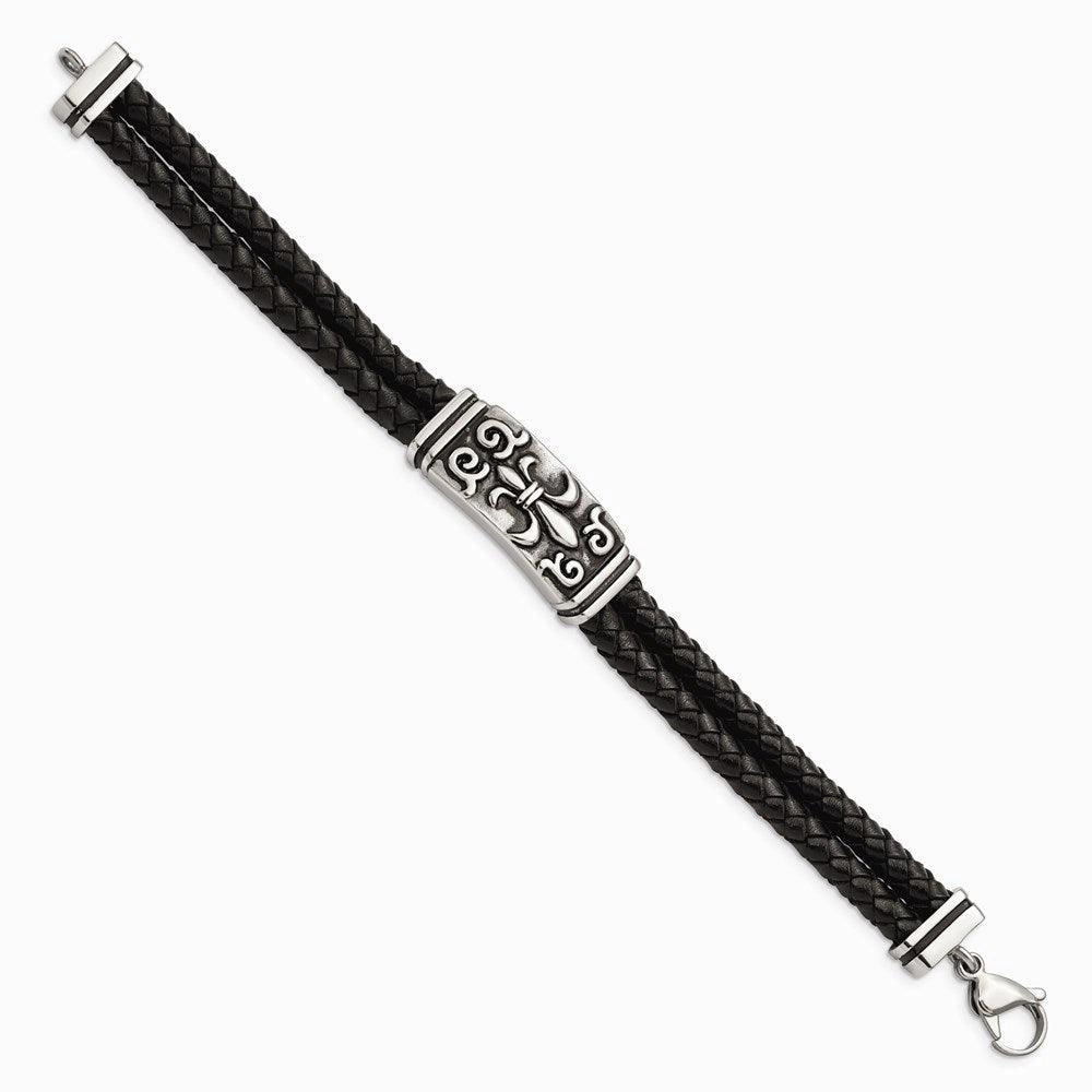 Stainless Steel Polished Antiqued Fleur De Lis Black Leather Bracelet