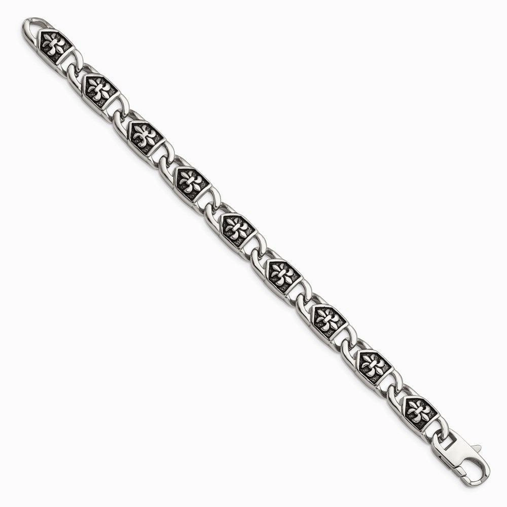 Stainless Steel Polished/Antiqued Fleur de Lis Bracelet