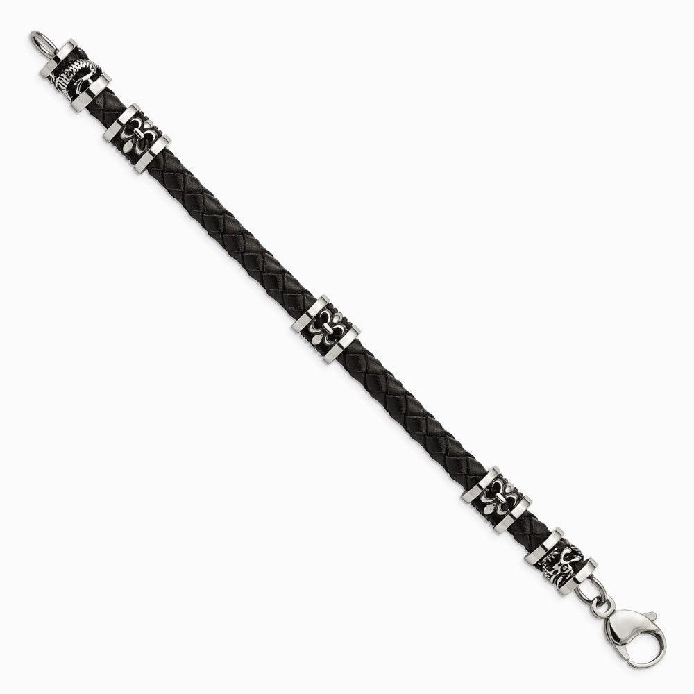 Stainless Steel Polished Antiqued Fleur De Lis/Dragon Blk Leather Bracelet