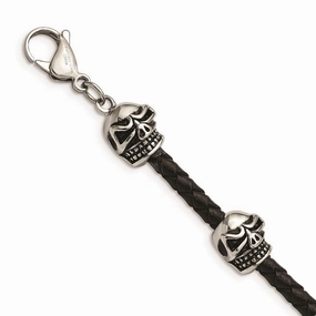 Stainless Steel Polished Antiqued Leather Skull Bracelet