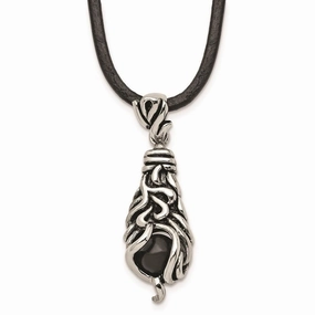 Stainless Steel Polished/Antiqued Moveable Black Agate Necklace