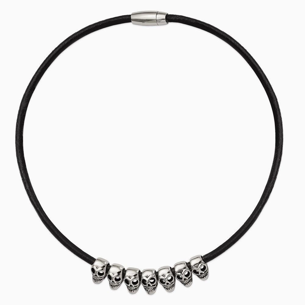 Stainless Steel Polished/Antiqued Skulls Black Leather Cord Necklace
