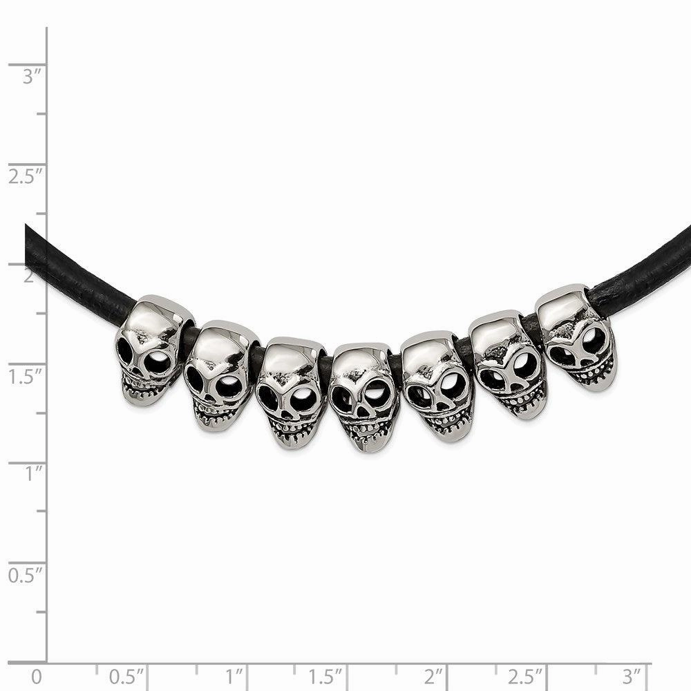 Stainless Steel Polished/Antiqued Skulls Black Leather Cord Necklace