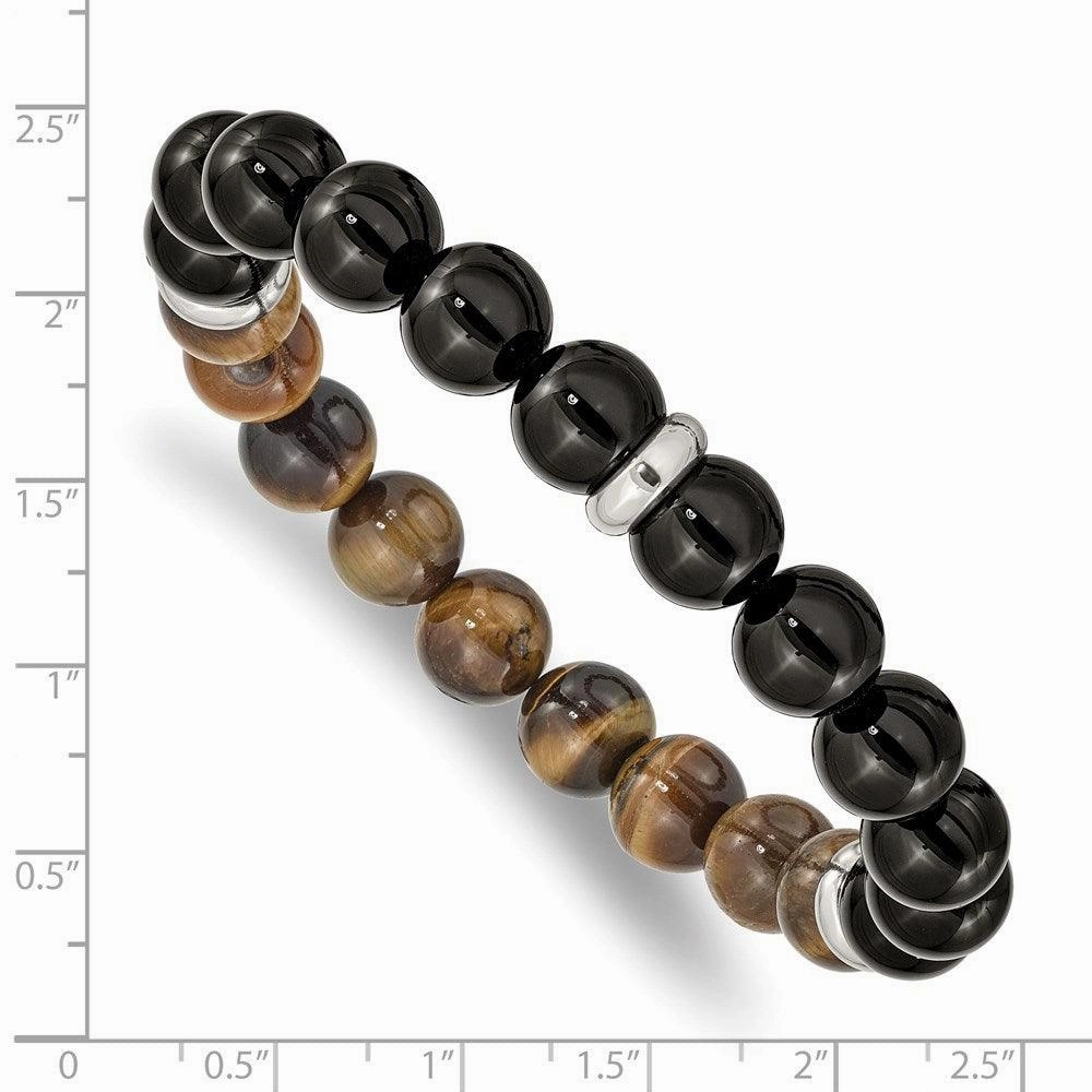 Stainless Steel Polished Black Agate and Tiger's Eye Stretch Bracelet