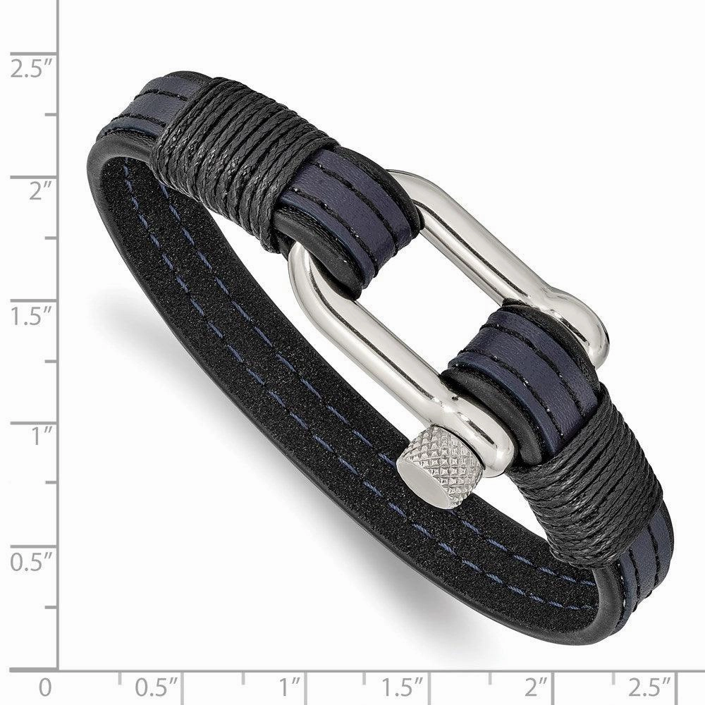 Stainless Steel Polished Black & Blue Leather 8.25in Shackle Bracelet