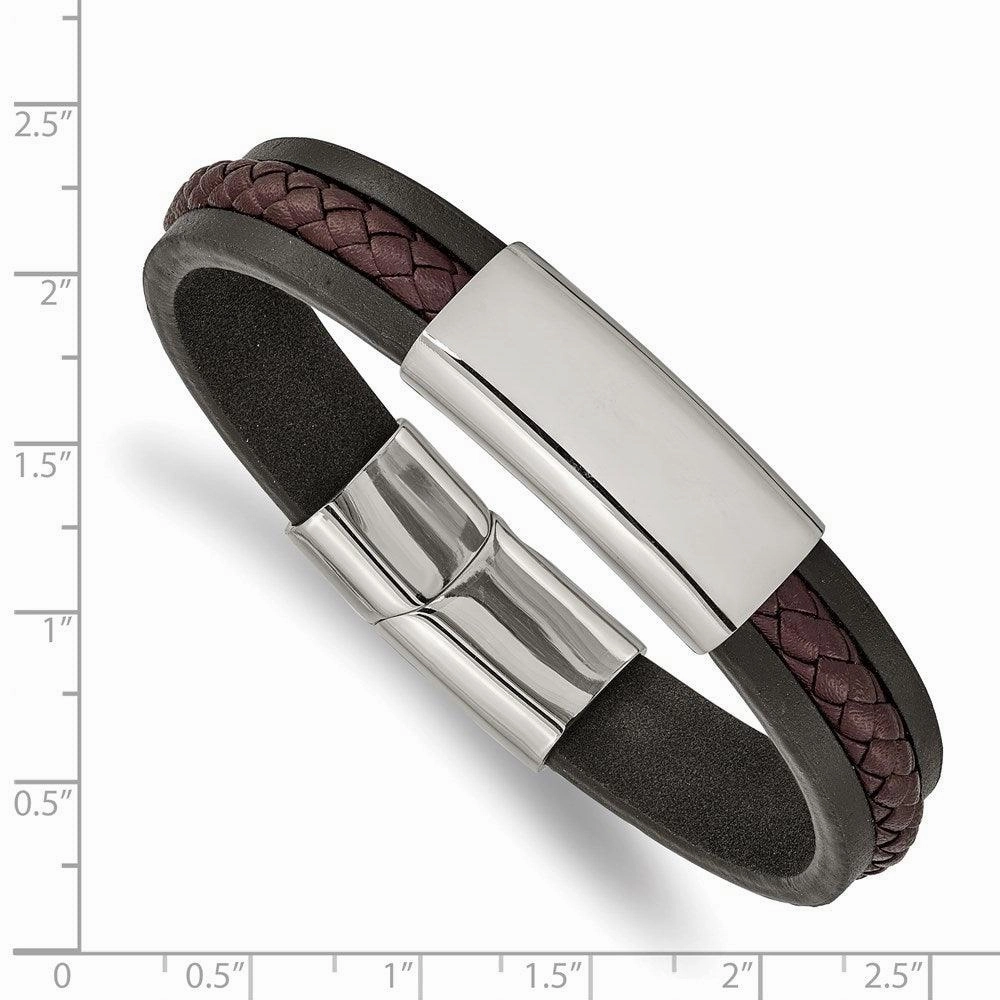 Stainless Steel Polished Black & Brown Braided Leather 8.25in ID Bracelet