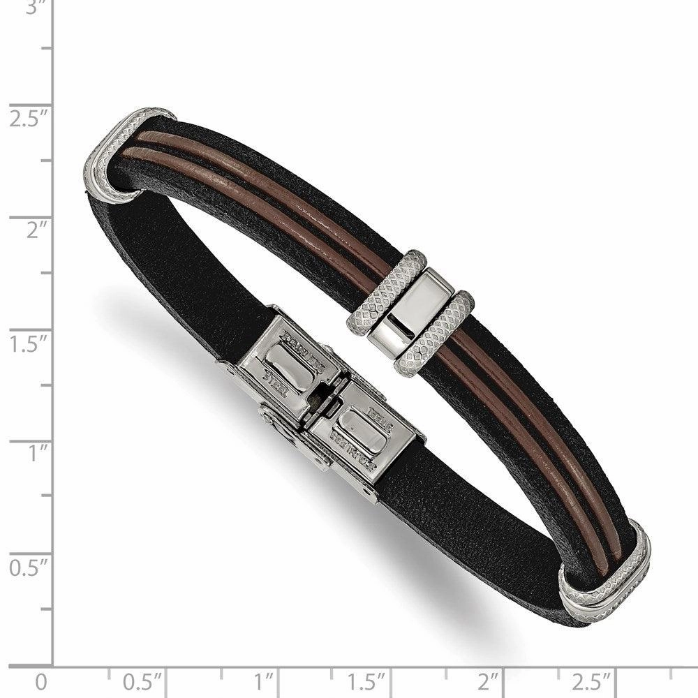 Stainless Steel Polished Black and Brown Leather 8.25in Bracelet