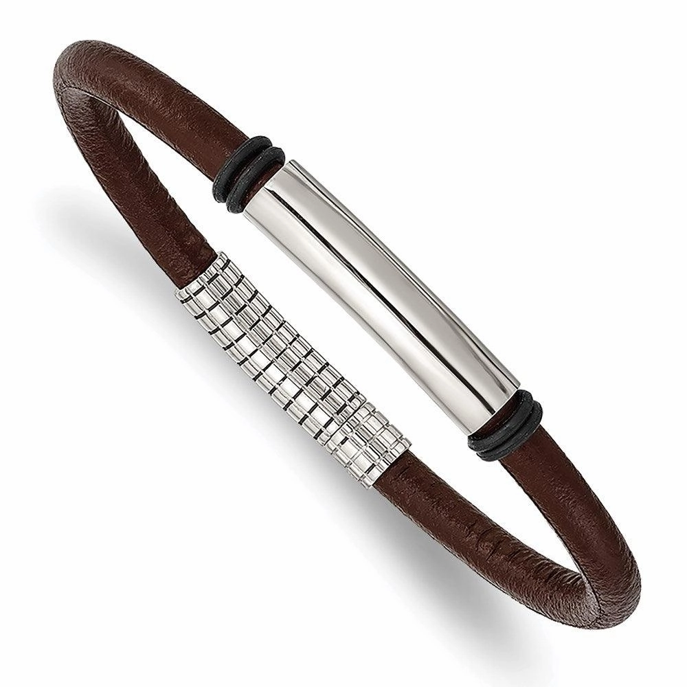 Stainless Steel Polished Black and Brown Rubber 8.5in Bracelet