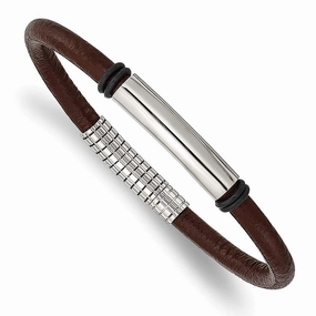 Stainless Steel Polished Black and Brown Rubber 8.5in Bracelet
