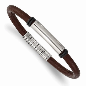 Stainless Steel Polished Black and Brown Rubber 8.5in Bracelet