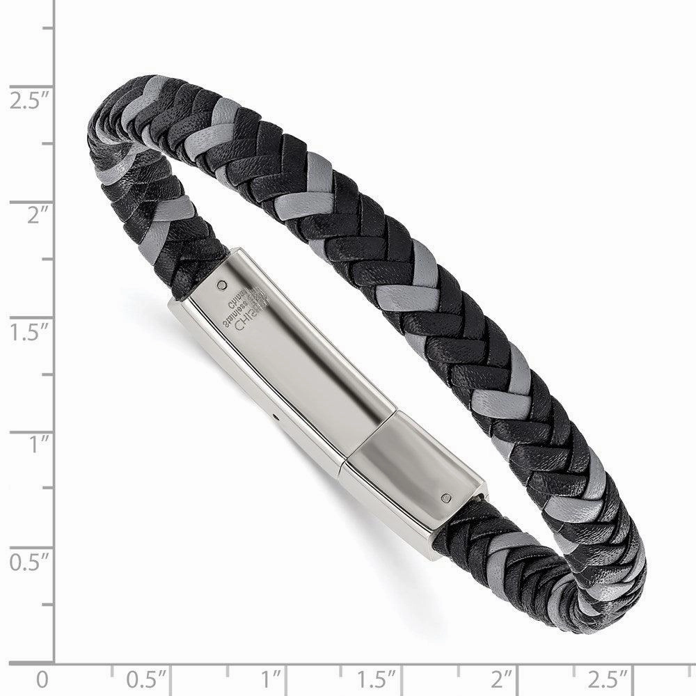 Stainless Steel Polished Black and Grey Braided Leather 8in Bracelet