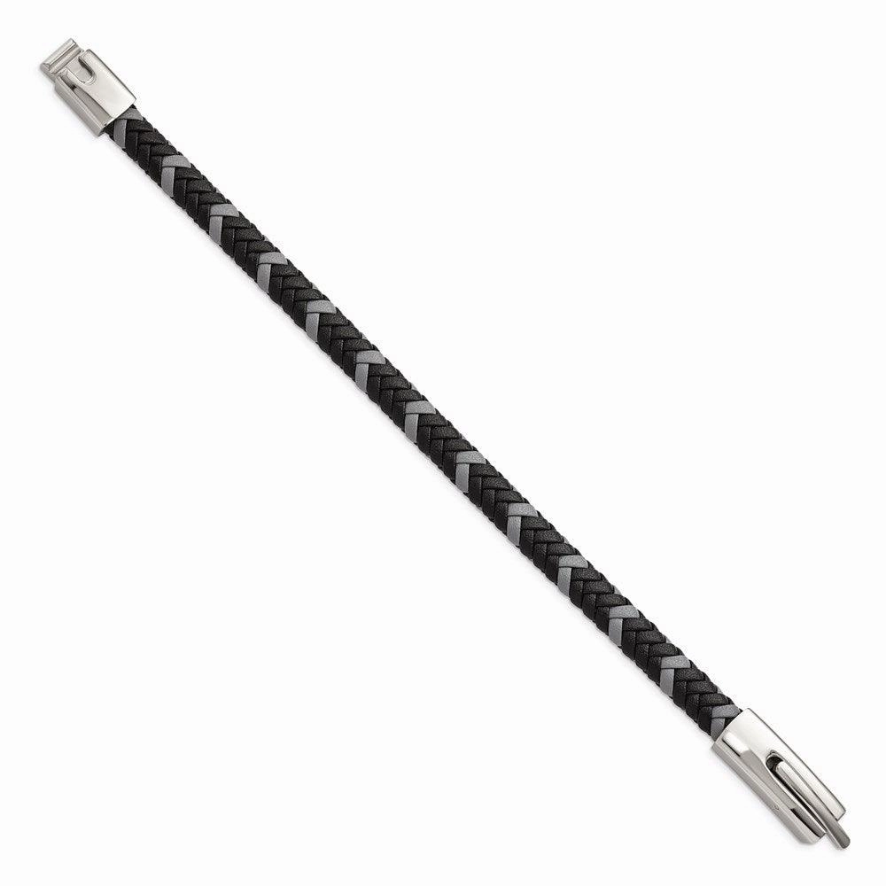 Stainless Steel Polished Black and Grey Braided Leather 8in Bracelet