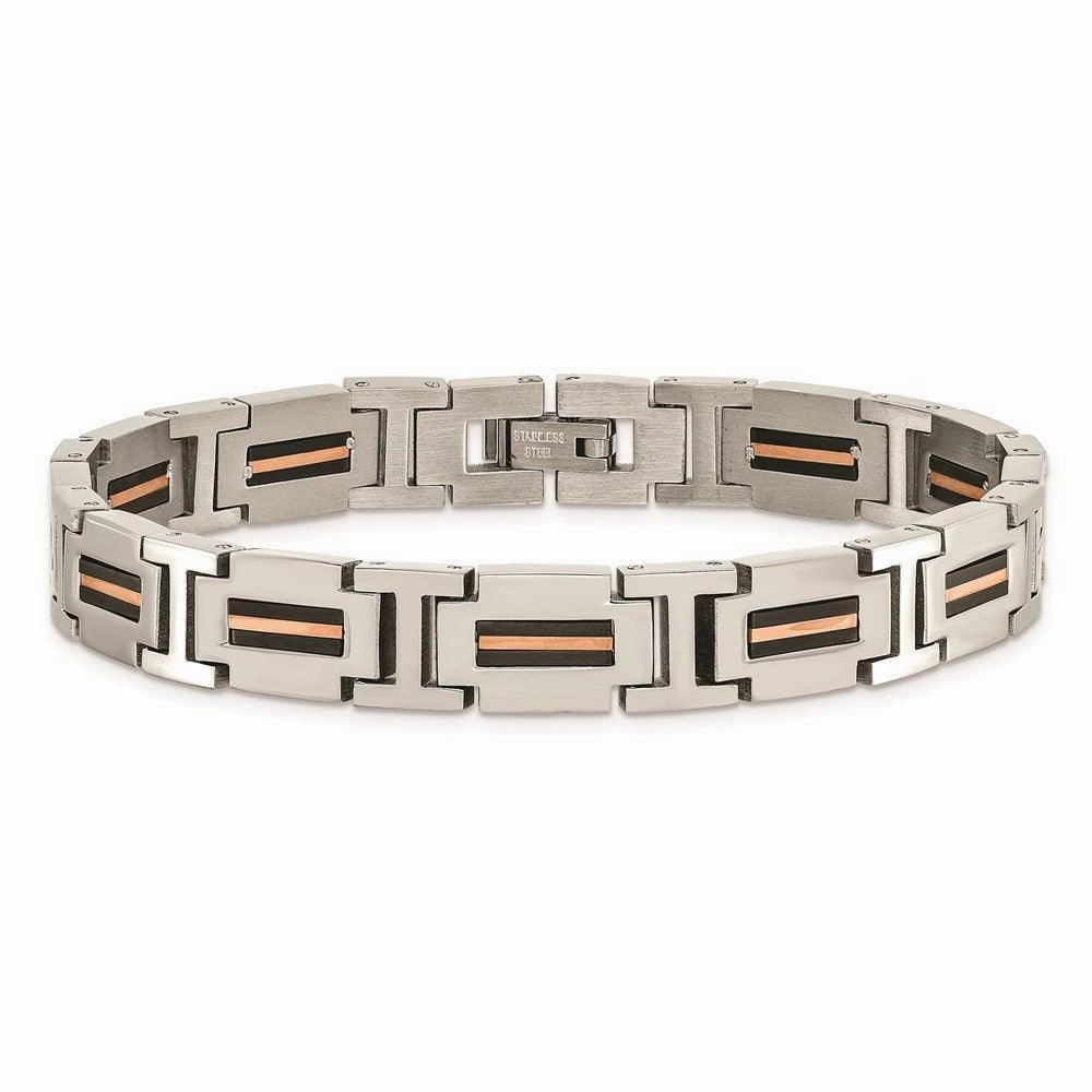 Stainless Steel Polished Black and Rose IP-plated 8.5in Link Bracelet