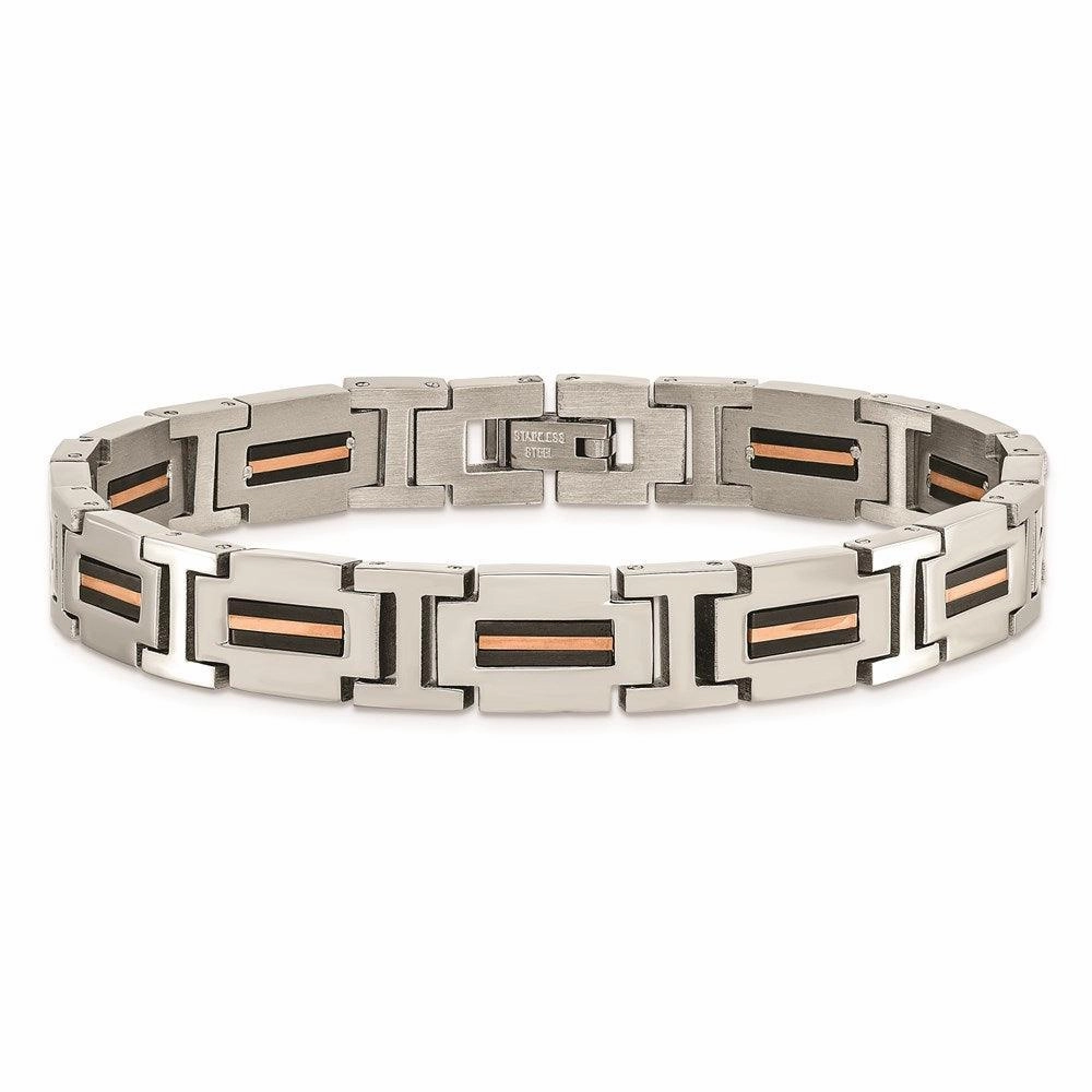 Stainless Steel Polished Black and Rose IP-plated 8.5in Link Bracelet